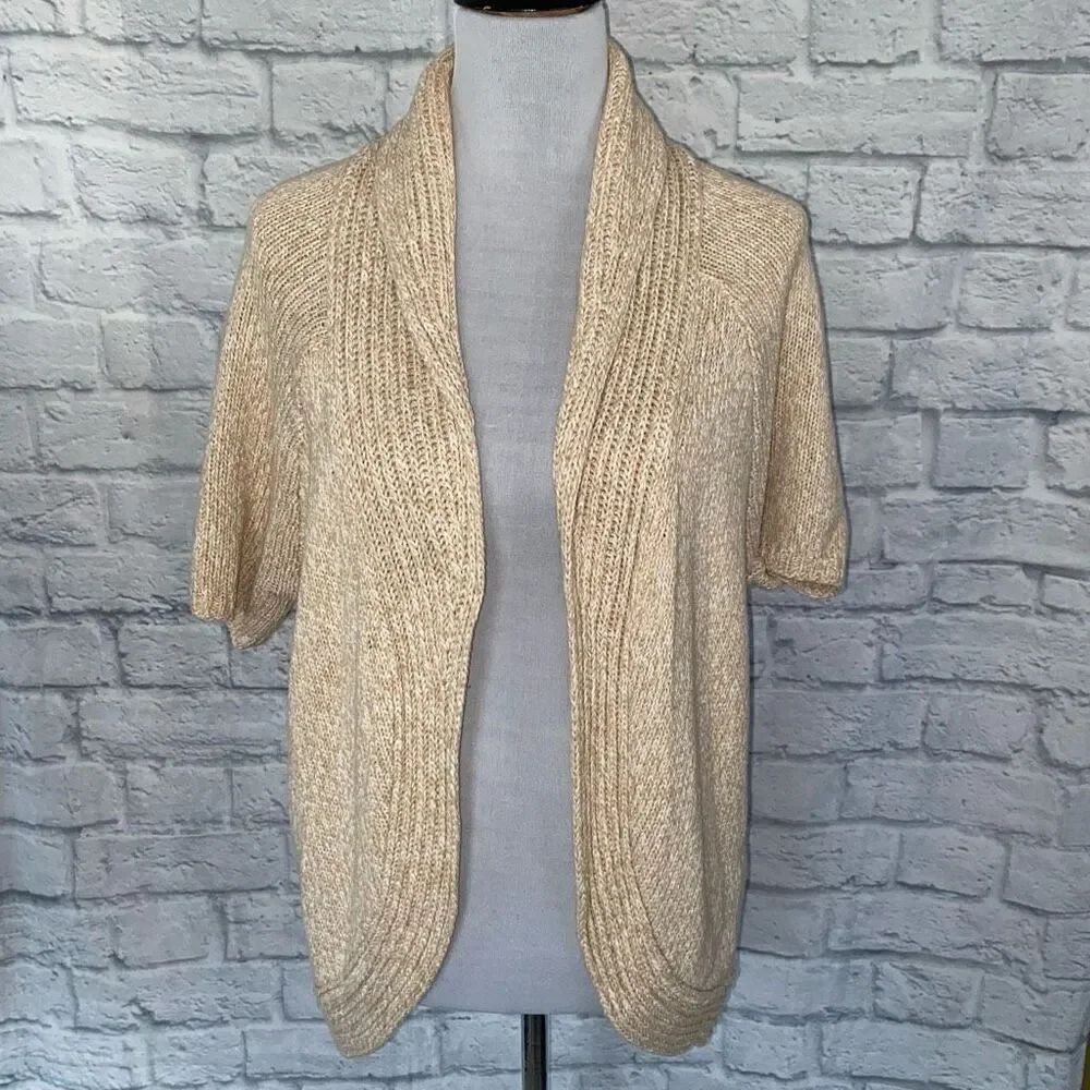 Express women L open front short sleeve knit cardigan beige